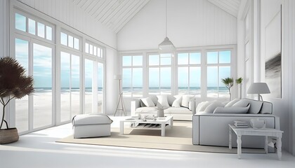 Fototapeta na wymiar Large living room with a sea view in a lavish summer beach home with white furniture. interior of a holiday house or villa. generative ai 