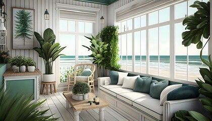 Une maison de plage d'été en bois de plantes vert clair moderne avec des meubles, generative ai, un intérieur orange de relaxation et un voyage de luxe avec vue tropicale, fond d'océan - obrazy, fototapety, plakaty