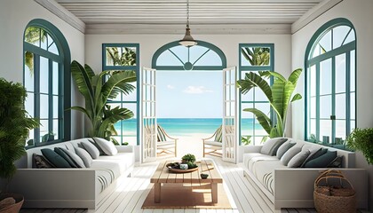 Une maison de plage d'été en bois de plantes vert clair moderne avec des meubles, generative ai, un intérieur orange de relaxation et un voyage de luxe avec vue tropicale, fond d'océan - obrazy, fototapety, plakaty