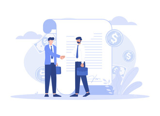 Tiny people sign a document, financial business agreement, web contract. Modern flat illustration
