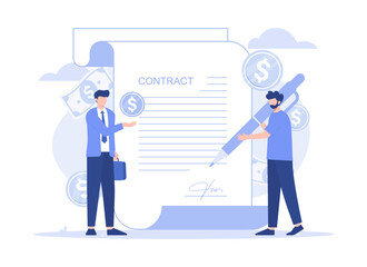 Tiny people sign a document, financial business agreement, web contract. Modern flat illustration