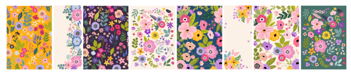 Vivid floral cards and vector backgrounds, colorful flower vector hand drawn invitation templates, poster, banner design, flyer, brochure illustration.