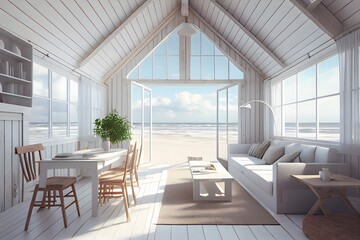 Fototapeta na wymiar Large living room with a sea view in a lavish summer beach home with wooden wall and white furniture. interior of a holiday house or villa. generative ai 
