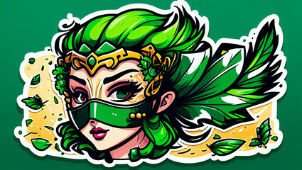 Madrid venetian mask sticker, vector , 2D, illustration, digital art, green color, brazil carnival. 04