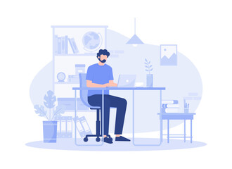 A man sitting on armchair and working from home, chatting with colleagues via laptop illustration