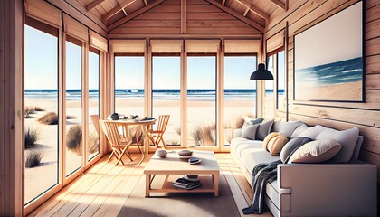 Obraz na płótnie Canvas Large living room with a sea view in a lavish summer beach home with white furniture. interior of a holiday house or villa. generative ai 