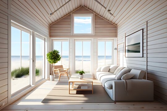 Large living room with a sea view in a lavish summer beach home with white furniture. interior of a holiday house or villa. generative ai
