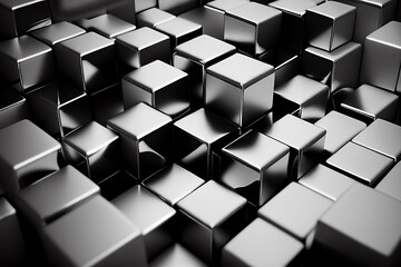 Abstract background with silver reflecting cubes, geometric shapes of aluminum. Generative AI