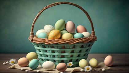 Easter concept. Beautifull basket full of colorful easter eggs.