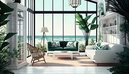 家具、ジェネレーティブ AI、リラクゼーション オレンジ インテリア、トロピカル ビューの豪華な旅行、海を背景に家を備えた、広大な白い木製の夏のビーチ リゾート, generative ai - obrazy, fototapety, plakaty