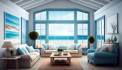 Fototapeta na wymiar A modern light blue wooden summer beach house with furniture, generative ai, relaxation white interior and tropical view luxury travel, ocean background, 