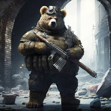 Russian brown bear soldier holding a weapon. War and aggression concept. Generative AI