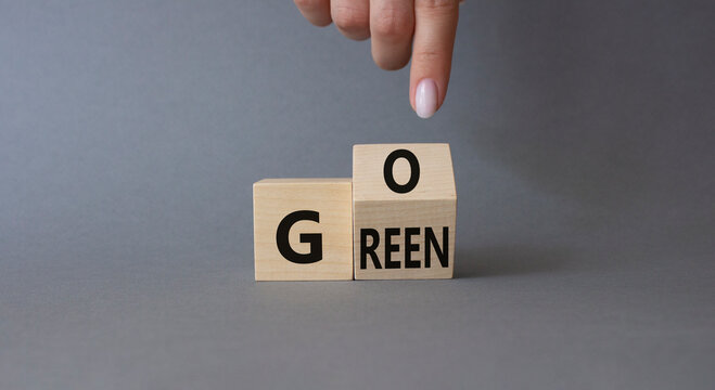 Go green symbol. Businessman hand points at turned wooden cubes with words Go Green. Beautiful grey background. Ecological and Business and Go green concept. Copy space