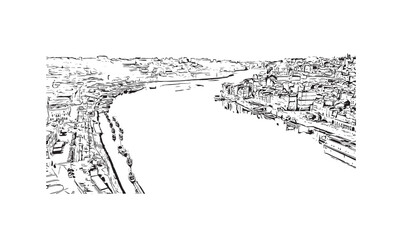 Building view with landmark of Porto is a coastal city in northwest Portugal. Hand drawn sketch illustration in vector.