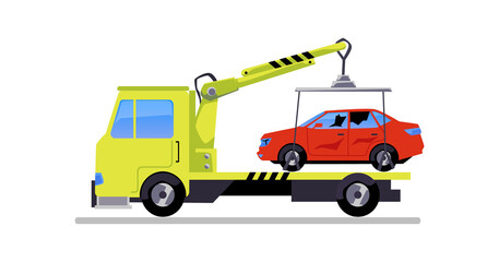 Towing truck transporting a car, flat cartoon vector illustration isolated.