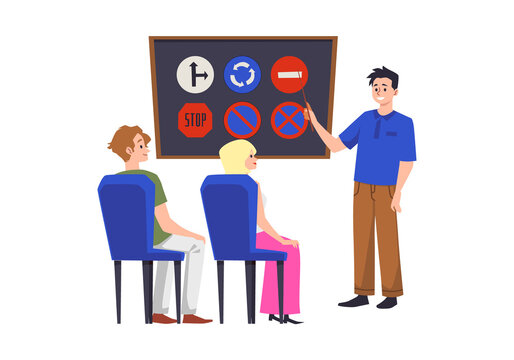 Lesson in driving school, people learn traffic rules and signs - flat vector illustration isolated on white background.