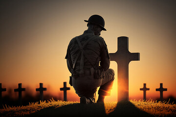 Silhouette of soldier in front of a grave of soldiers who have fallen in wartime combat. Generative AI