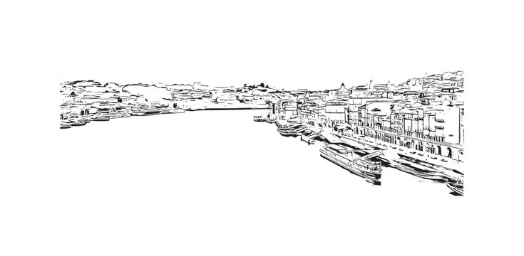 recommend clip art: Building view with landmark of Porto is a coastal city in northwest Portugal. Hand drawn sketch illustration in vector.
