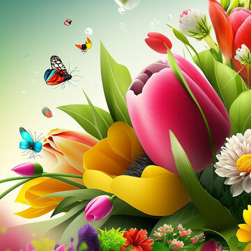 concetto primaverile, sfondo delicato di fiori e uccelli per simboleggiare l'arrivo della primavera, fiori, usignolo, farfalle, bokeh colori vivaci, carta da parati, creato con intelligenza artificial