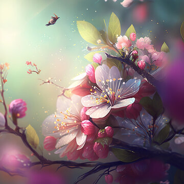 concetto primaverile, sfondo delicato di fiori e uccelli per simboleggiare l'arrivo della primavera, fiori, usignolo, farfalle, bokeh colori vivaci, carta da parati, creato con intelligenza artificial