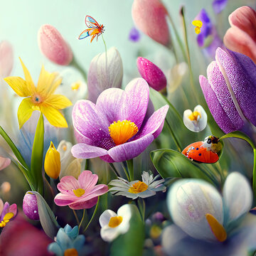 concetto primaverile, sfondo delicato di fiori e uccelli per simboleggiare l'arrivo della primavera, fiori, usignolo, farfalle, bokeh colori vivaci, carta da parati, creato con intelligenza artificial