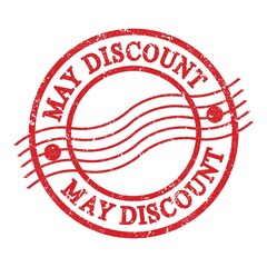 MAY DISCOUNT, text written on red postal stamp.