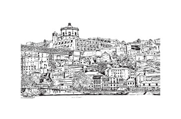 Building view with landmark of Porto is a coastal city in northwest Portugal. Hand drawn sketch illustration in vector. - obrazy, fototapety, plakaty