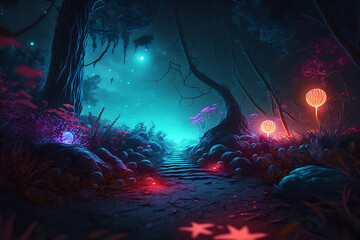 Fototapeta premium Fantasy landscape light grows in the dark. Mistery background with light grows. Colorful landscape. Generative AI.