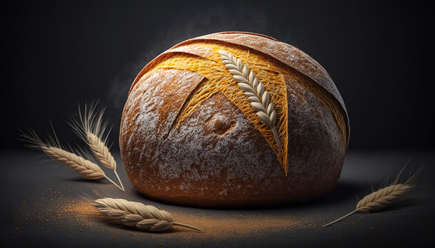 Loaf of freshly baked bread on a dark background, generative AI.