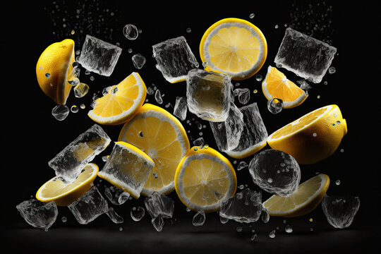 Background of beautiful lemon slices on frozen surface. Generative AI