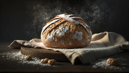 Tuinposter Loaf of freshly baked bread on a dark background, generative AI. © puhimec