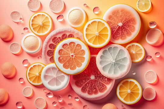 Background of beautiful fruit slices on frozen surface. Generative AI