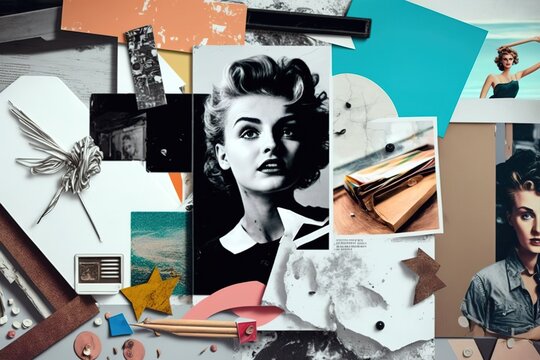 Scrapbook of retro vintage photos and clipping. Generative AI illustration