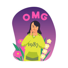 Excited woman with surprised face expression, flat vector illustration isolated on white background.