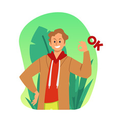 Banner or sticker with man showing OK gesture, flat vector illustration isolated.