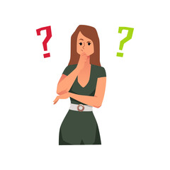 Confused woman with question marks, flat vector illustration isolated on white background.