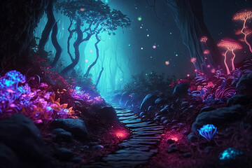 Fantasy landscape light grows in the dark. Mistery background with light grows. Colorful landscape. Generative AI.