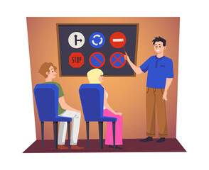 Driver instructor explains road signs to students flat style, vector illustration