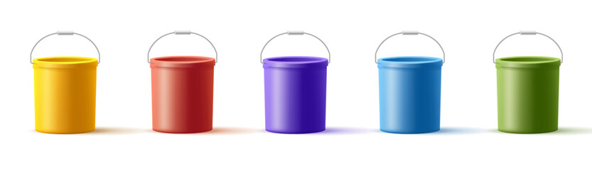 Set of realistic colored open empty buckets with handle. Modern plastic buckets for packaging and label design of building materials, food products. © Yaroslav