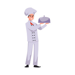 Male chef in uniform and hat presenting meal, flat vector illustration isolated on white background.
