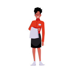 Fototapeta premium Happy woman in waitress uniform, flat vector illustration isolated on white background.