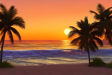 Fototapeta na wymiar 80s or 90s retro sunset landscape, Evening on the beach with palm trees, Colorful picture for rest. Palm trees at sunset. Generative AI