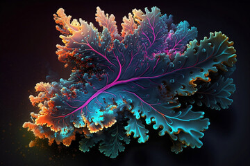 Highly detailed and intricate view of the fractal Mandelbrot set, neon watercolor. Reef coral grows. Generative AI.