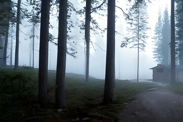 A cabin in the middle of a forest with fog and trees on the mountain side and a foggy sky above it, with a path leading to a cabin in the middle of the woods. Generative AI