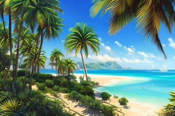 Fototapeta na wymiar A lot of shining palms at a wonderful beach, anime painting,. Generative AI