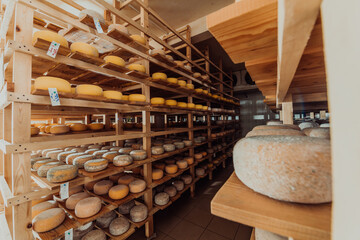 Fototapeta na wymiar A large storehouse of manufactured cheese standing on the shelves ready to be transported to markets
