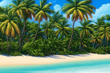 Fototapeta na wymiar A lot of shining palms at a wonderful beach, anime painting,. Generative AI