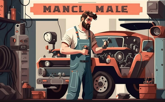 Car mechanic working in his workshop. Car repair service. AI generated vector illustration.
