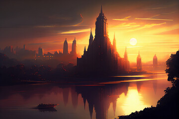An ancient castle at sunset in the center of a modern city near a lake . AI generated