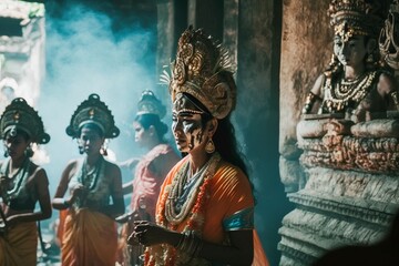 Fototapeta premium Balinese celebrating “Galungan and Kuningan” in Bali temple, Generative AI